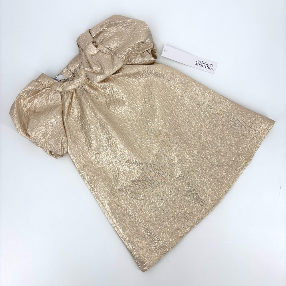 Badgley Mischka NWT Gold Metallic Textured Puff Sleeve Trapeze Girl's Dress, 6
